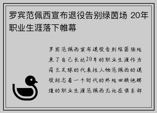罗宾范佩西宣布退役告别绿茵场 20年职业生涯落下帷幕